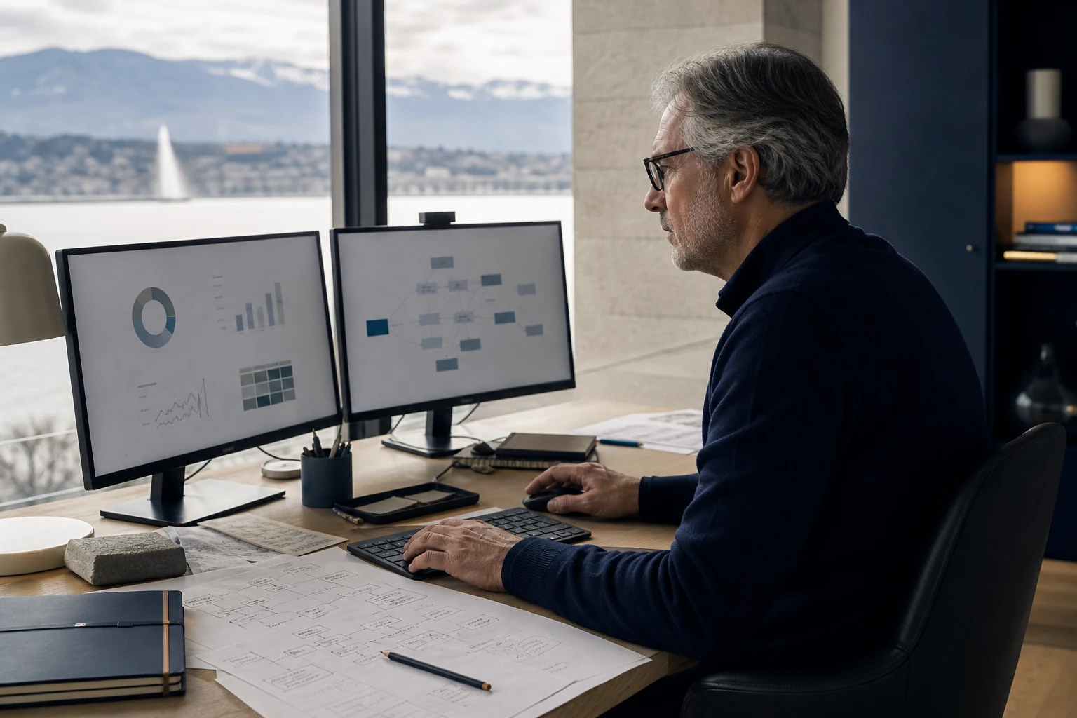 Consultant SEO analysant une architecture de site et des graphiques dans un bureau suisse